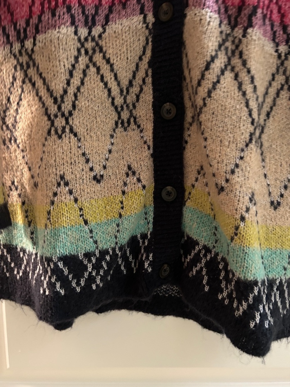 sparrow Multicolor Geometric V‑Neck Cardigan in Black, Cream, Pink & Mint - Picture 3 of 5